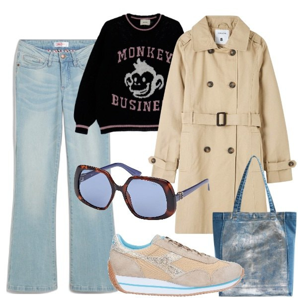 Outfit donna - Shopping in centro. Stile Casual chic per Tutti i giorni. Abbinamento con jeans bootcut, sneakers, trench, shopping bag, pullovers, occhiali da sole.