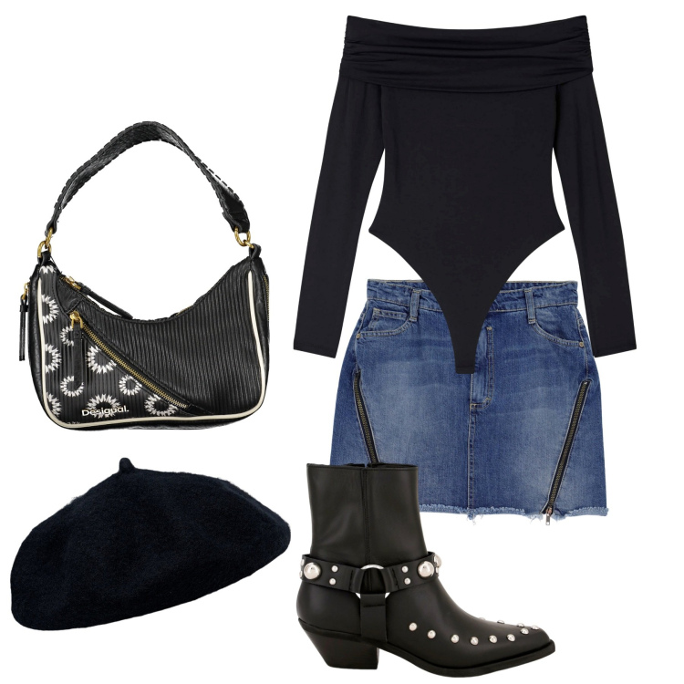 Outfit donna - La mini con la zip. Stile Rock per Tutti i giorni. Abbinamento con body, minigonne, stivaletti texani, cappelli e berretti, borse a spalla.