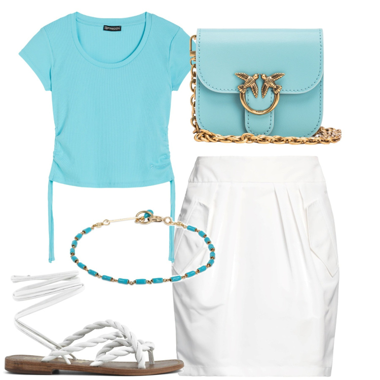 Outfit donna - City. Stile Urban per Tutti i giorni. Abbinamento con minigonne, borse a tracolla, t-shirt, sandali, braccialetti.