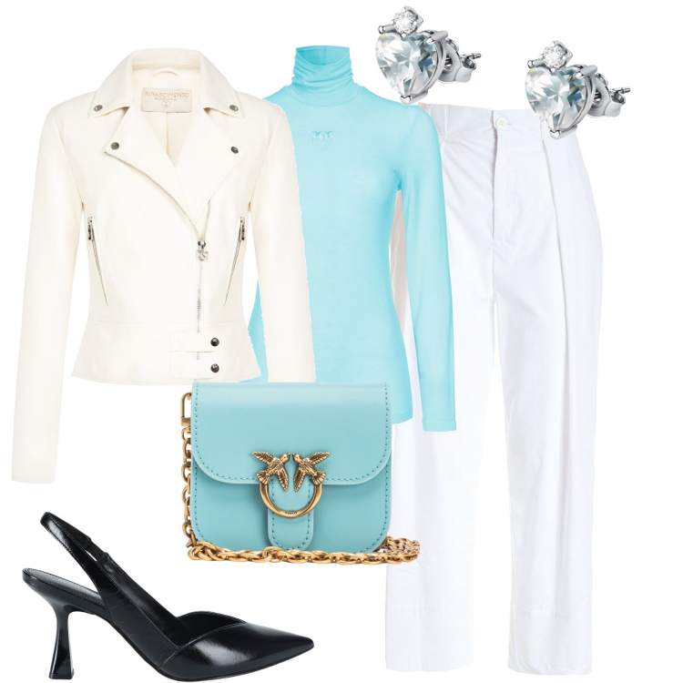Outfit donna - Turchese e bianco. Stile Casual chic per Tutti i giorni. Abbinamento con décolleté, orecchini, borse a tracolla, maglieria, giacche, pantaloni.