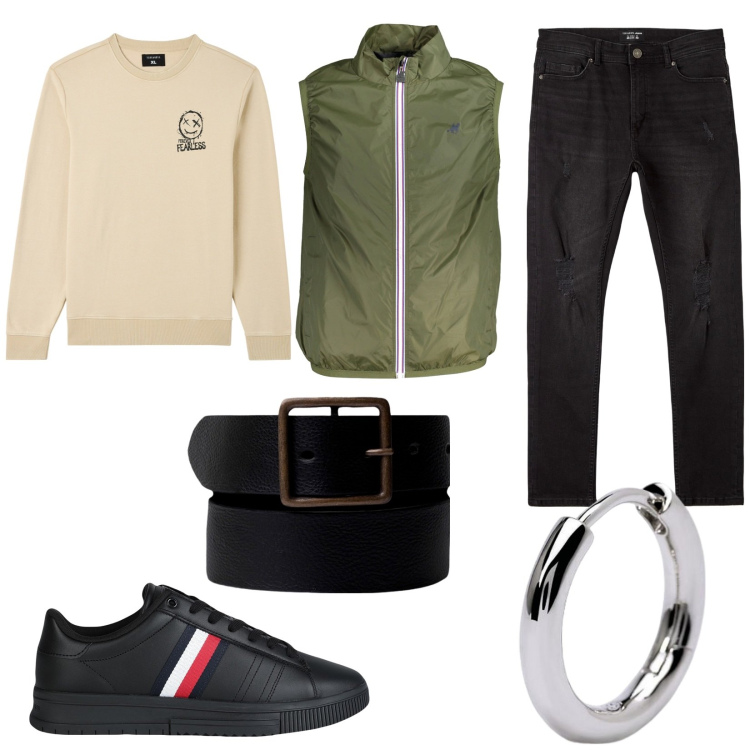 Outfit uomo - Felpa leggera. Stile Urban per Tutti i giorni. Abbinamento con sneakers, felpe, jeans strappati, orecchini, cinture, giacche.