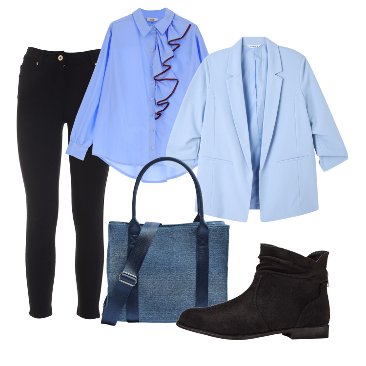 Outfit donna - Total look #1836335. Stile Casual chic per Ufficio. Abbinamento con stivaletti, shopping bag, blazer, jeans, camicie.