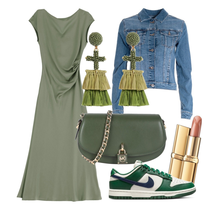 Outfit donna - Ghost outfitter - marzo. Stile Casual chic per Tutti i giorni. Abbinamento con orecchini, borse a tracolla, rossetti, giacche, vestiti midi/longuette, sneakers.