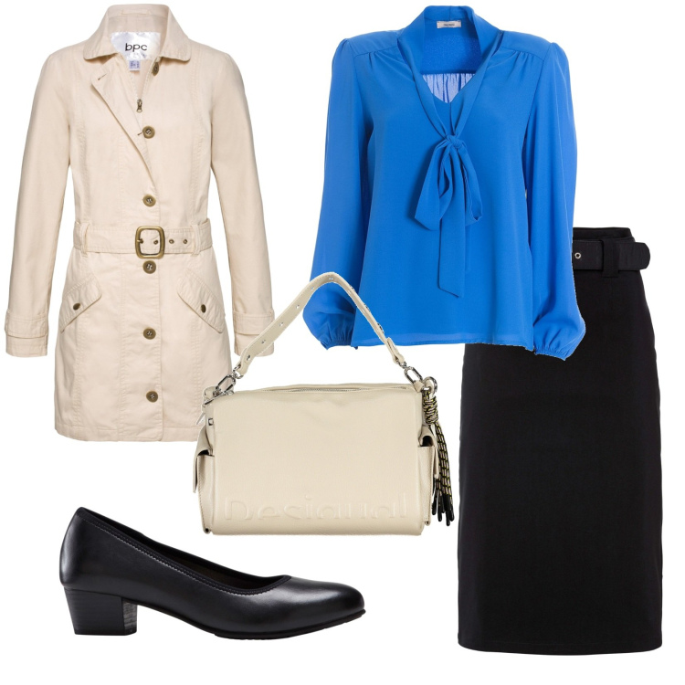 Outfit donna - Giornata di lavoro. Stile Basic per Ufficio. Abbinamento con décolleté, gonne longuette, trench, bluse, borse a spalla.
