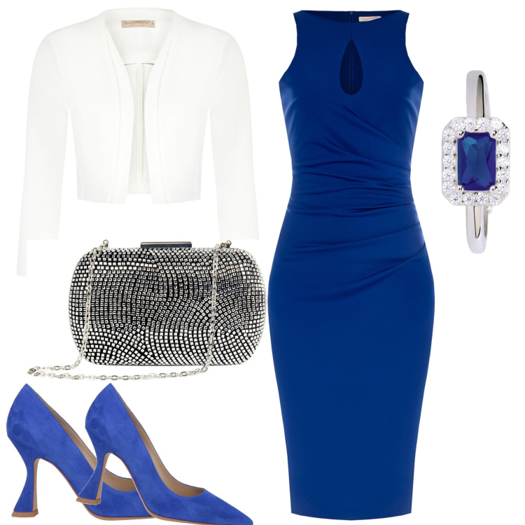 Outfit donna - Chic in blu. Stile Chic per Cerimonia. Abbinamento con décolleté, anelli, vestiti midi/longuette, blazer, clutch.