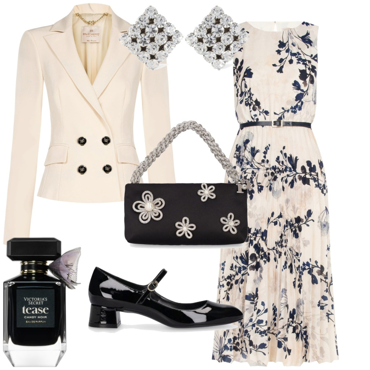 Outfit donna - Bon ton evento o cerimonia. Stile Bon Ton per Cerimonia. Abbinamento con profumi, vestiti midi/longuette, blazer, décolleté, borse a mano, orecchini.