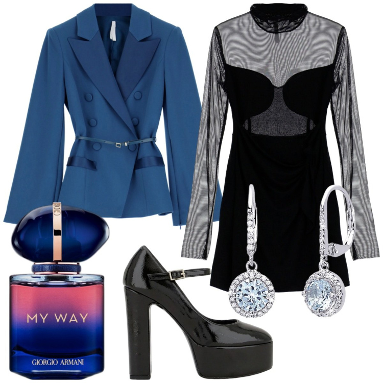 Outfit donna - Imperial per cerimonia. Stile Glamour per Cerimonia. Abbinamento con profumi, orecchini, blazer, vestiti corti, décolleté.