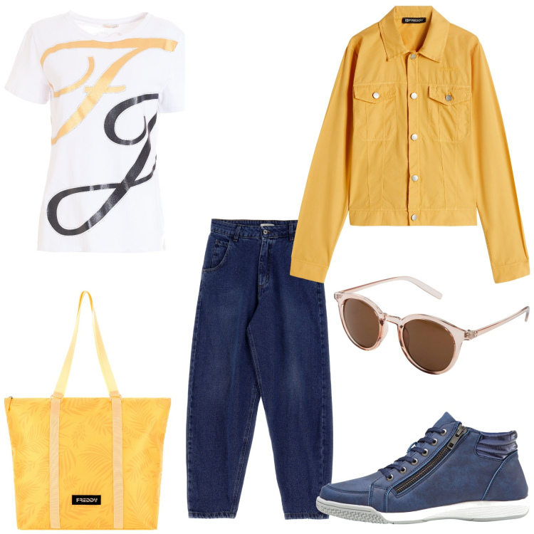 Outfit donna - Marzo Urban. Stile Urban per Tutti i giorni. Abbinamento con sneakers alte, occhiali da sole, t-shirt, borse tote, blazer, jeans.