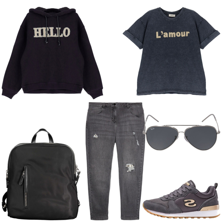 Outfit donna - Urban curvy. Stile Urban per Tutti i giorni. Abbinamento con sneakers, felpe con cappuccio, t-shirt, zaini, occhiali da sole, jeans strappati.