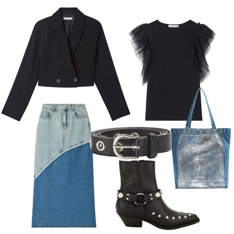 Outfit donna - Casual rock. Stile Rock per Tutti i giorni. Abbinamento con t-shirt, gonne lunghe, shopping bag, blazer, cinture, stivaletti texani.