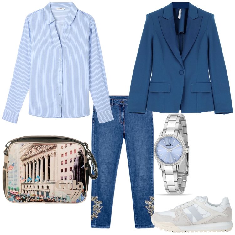 Outfit donna - Casual chic forme morbide. Stile Casual chic per Tutti i giorni. Abbinamento con sneakers, orologi, camicie, blazer, jeans skinny, borse a spalla.