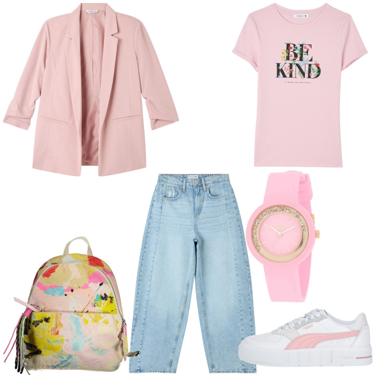 Outfit donna - Lezione all\' università. Stile Casual per Scuola/Università. Abbinamento con sneakers, orologi, jeans, blazer, t-shirt, zaini.