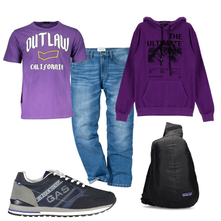 Outfit uomo - Total look #1836410. Stile Casual per Tutti i giorni. Abbinamento con jeans dritti, felpe con cappuccio, borse sportive, t-shirt, scarpe sportive.