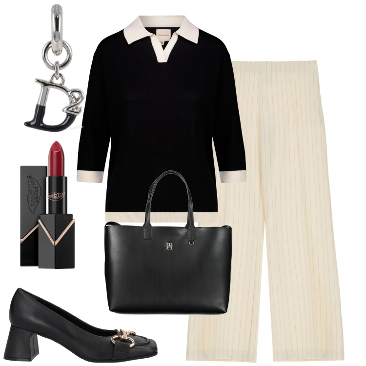Outfit donna - In ufficio. Stile Casual chic per Ufficio. Abbinamento con décolleté, rossetti, pantaloni, polo, borse a spalla, orecchini.