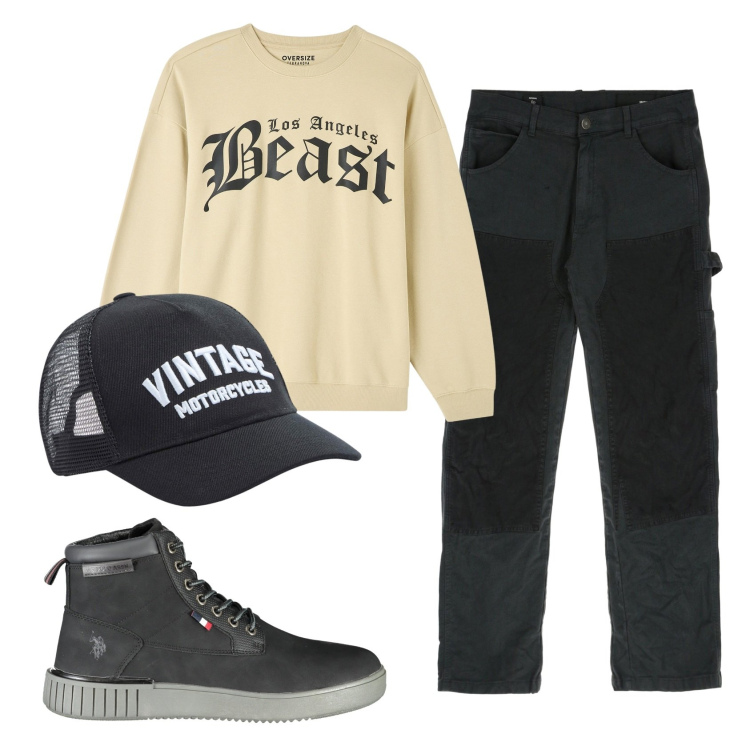 Outfit uomo - Total look #1836441. Stile Casual per Tutti i giorni. Abbinamento con felpe, cappelli, jeans dritti, stivali.
