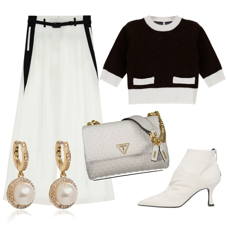 Outfit donna - Rigorosamente bianco e nero. Stile Chic per Serata fuori. Abbinamento con stivaletti, orecchini, pullovers, pantaloni a palazzo, borse a spalla.