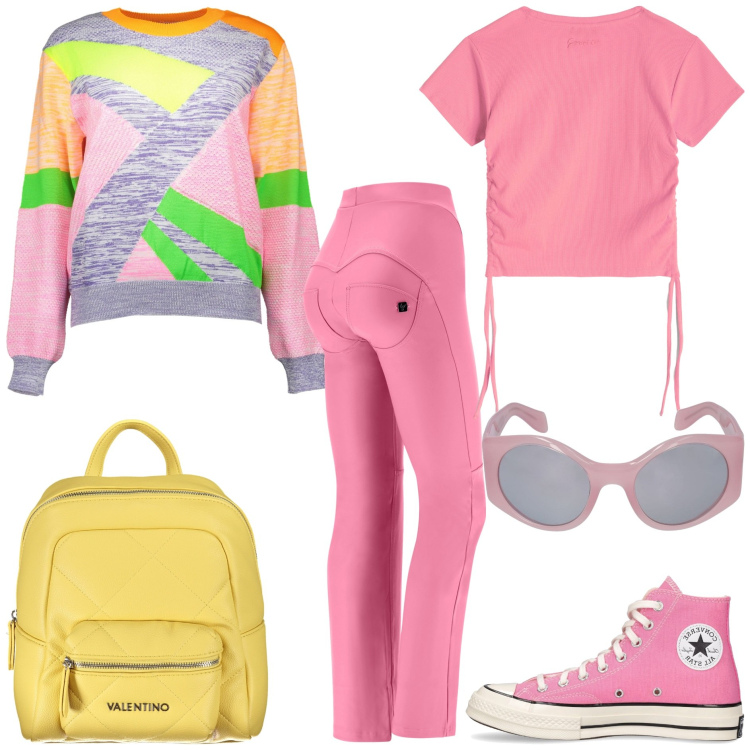 Outfit donna - Passeggiata primaverile. Stile Casual per Tutti i giorni. Abbinamento con pantaloni, t-shirt, sneakers, maglieria, occhiali da sole, zaini.