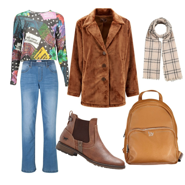 Outfit donna - Total look. Stile Casual chic per Tutti i giorni. Abbinamento con jeans dritti, stivaletti chelsea, sciarpe, cappotti, maglieria, zaini.