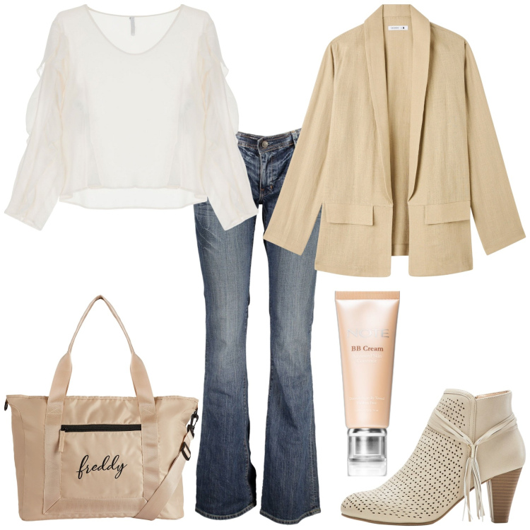 Outfit donna - La BB cream. Stile Trendy per Tutti i giorni. Abbinamento con stivaletti, correttori, blazer, maglieria, borse tote, jeans.
