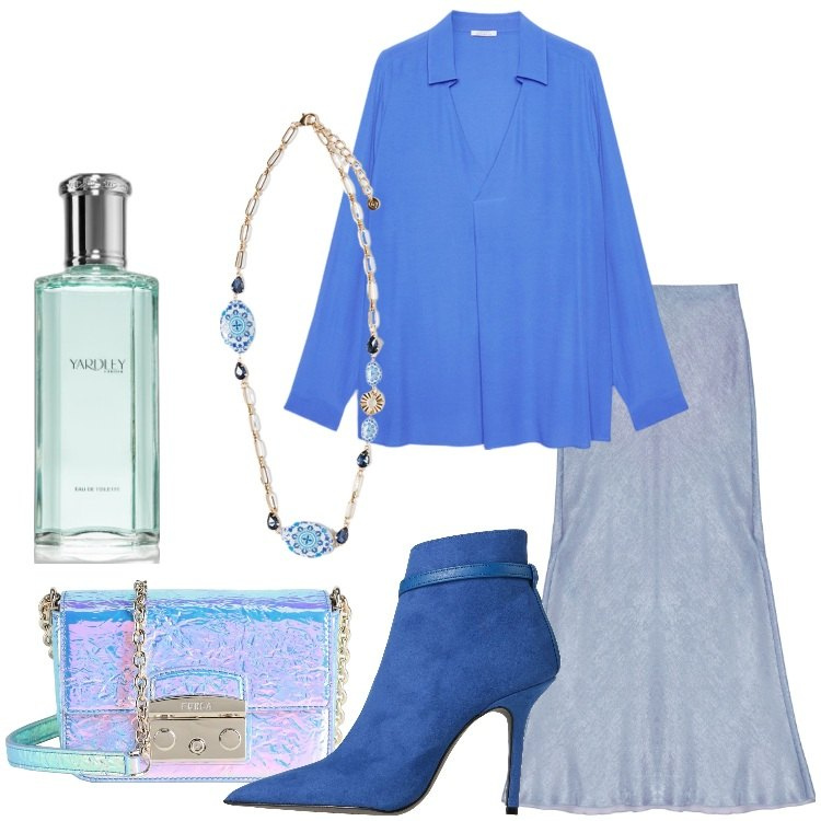 Outfit donna - Gonna + stivaletti. Stile Trendy per Serata fuori. Abbinamento con stivaletti, borse a tracolla, profumi, gonne lunghe, bluse, ciondoli.