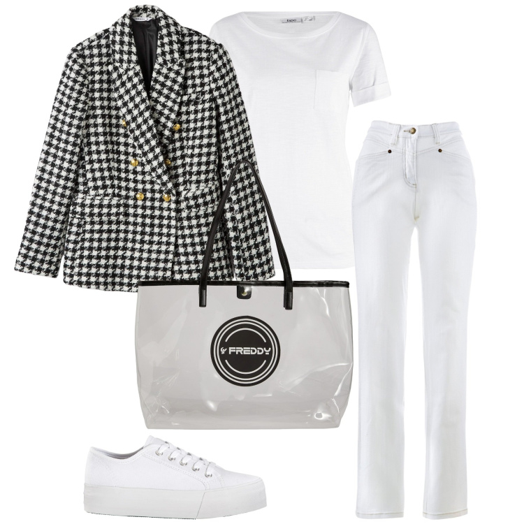 Outfit donna - Primavera in giacca. Stile Sporty chic per Tutti i giorni. Abbinamento con sneakers, t-shirt, jeans dritti, blazer, shopping bag.