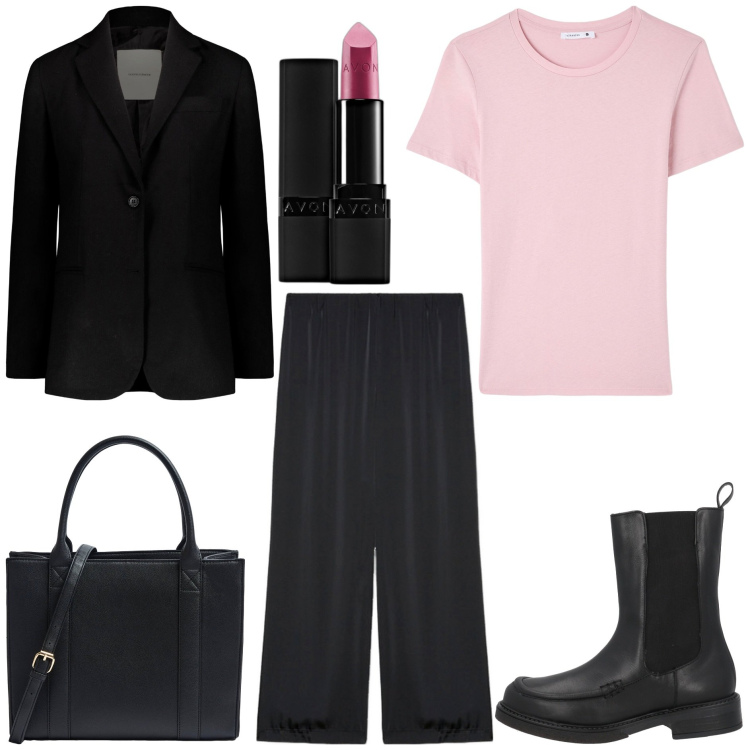 Outfit donna - Basic con stile. Stile Basic per Tutti i giorni. Abbinamento con stivaletti, rossetti, t-shirt, shopping bag, pantaloni a palazzo, blazer.