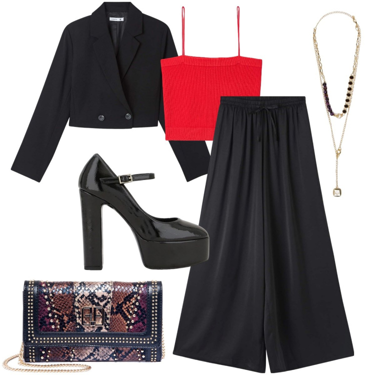 Outfit donna - Il top a fascia. Stile Chic per Serata fuori. Abbinamento con top, pantaloni a palazzo, blazer, pochette, décolleté, collane.