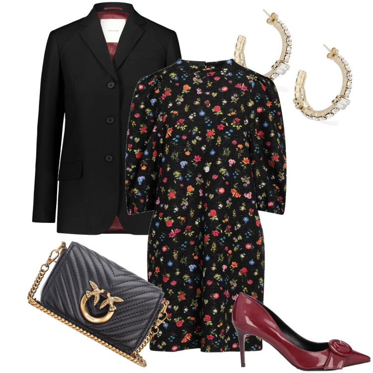Outfit donna - Décolleté bordeaux. Stile Bon Ton per Serata fuori. Abbinamento con décolleté, vestiti corti, borse a tracolla, blazer, orecchini.