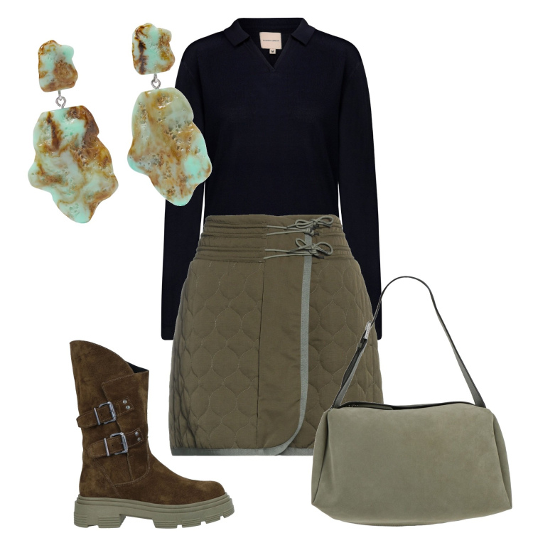 Outfit donna - Pranzo in montagna. Stile Casual per Tutti i giorni. Abbinamento con minigonne, stivali, borse a spalla, orecchini, polo.