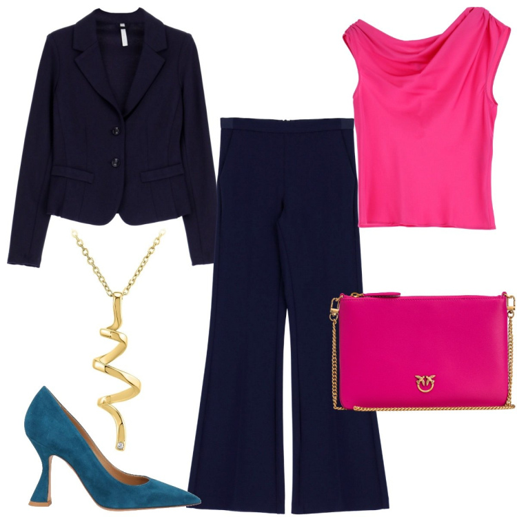 Outfit donna - Serata fuori in tailleur. Stile Casual chic per Serata fuori. Abbinamento con décolleté, ciondoli, borse a tracolla, pantaloni, canottiere, blazer.
