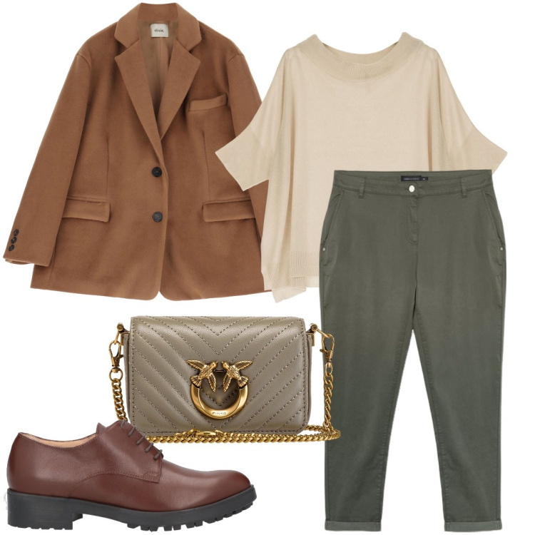 Outfit donna - Venerdì in ufficio. Stile Mannish per Ufficio. Abbinamento con scarpe stringate, maglieria, blazer, borse a tracolla, pantaloni.