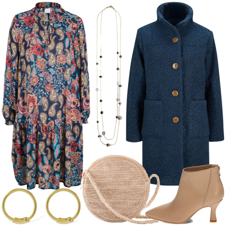 Outfit donna - L\'abito boho. Stile Boho per Serata fuori. Abbinamento con cappotti, vestiti, borse a tracolla, stivaletti, collane, orecchini.