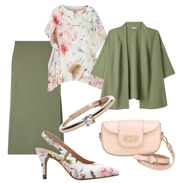 Outfit donna - Pranzo in festa. Stile Glamour per Cerimonia. Abbinamento con tuniche, décolleté, kimono, gonne lunghe, anelli, pochette.