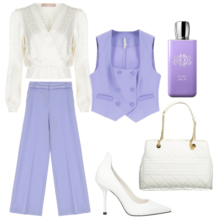 Outfit donna - Cerimonia a primavera. Stile Romantica per Cerimonia. Abbinamento con profumi, décolleté, bluse, pantaloni, gilet, borse a spalla.