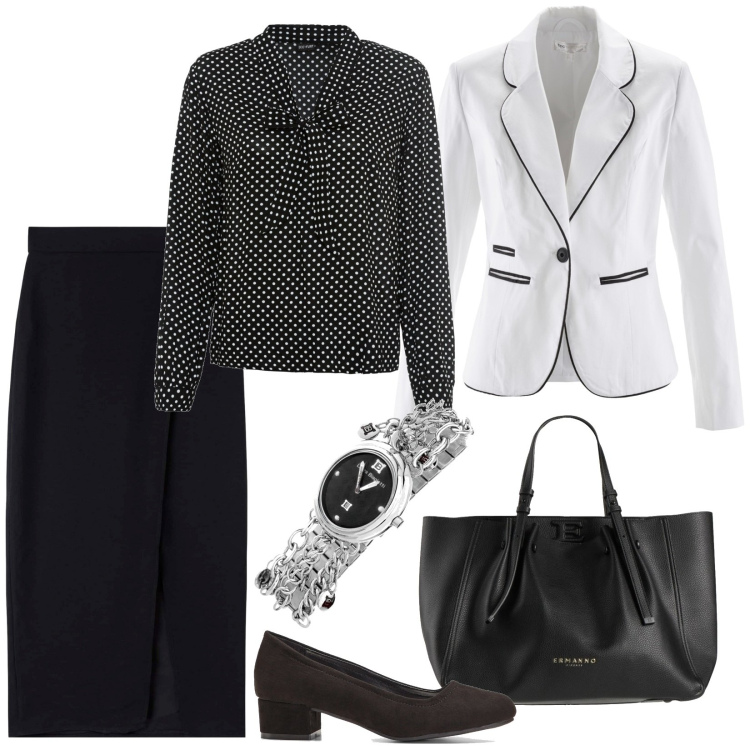 Outfit donna - Al meeting in bianco e nero. Stile Chic per Ufficio. Abbinamento con décolleté, bluse, blazer, orologi, borse a mano, gonne lunghe.