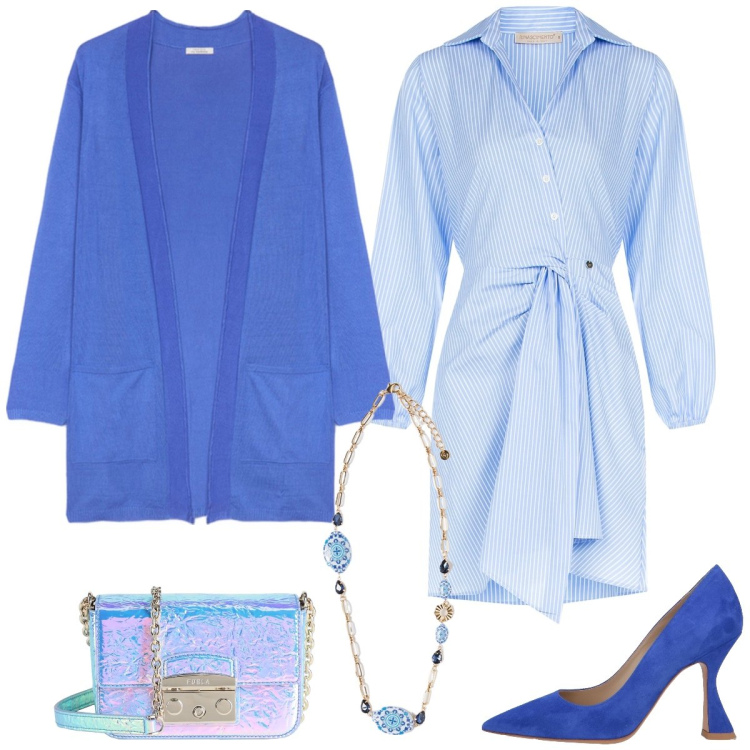 Outfit donna - Celeste primavera. Stile Casual chic per Tutti i giorni. Abbinamento con décolleté, borse a tracolla, vestiti chemisier, cardigans, ciondoli.