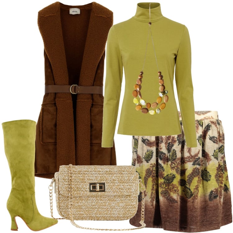 Outfit donna - Mezza stagione. Stile Casual per Tutti i giorni. Abbinamento con maglieria, borse a mano, stivali, gilet, minigonne, collane.