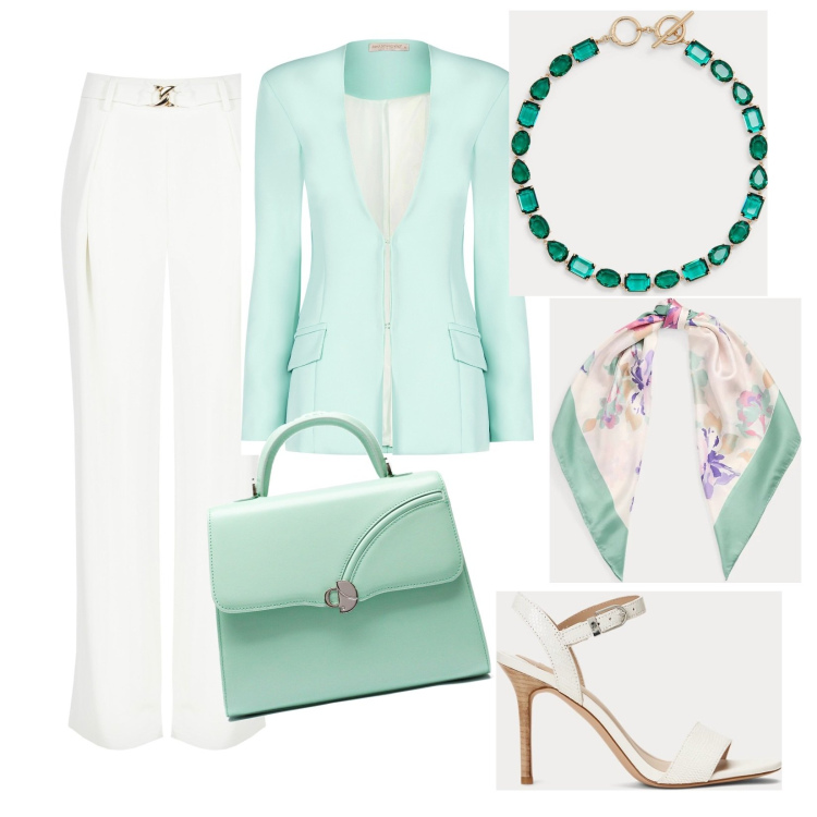 Outfit donna - Total look #1836612. Stile Chic per Tutti i giorni. Abbinamento con collane, sandali in pelle, foulard, blazer, pantaloni a palazzo, borse a mano.