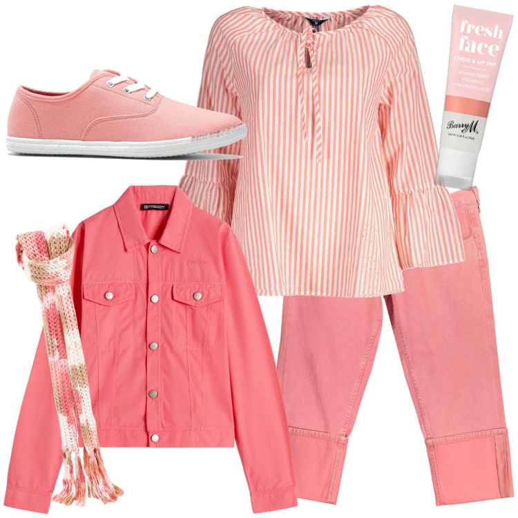 Outfit donna - Rosa pesca. Stile Casual per Tutti i giorni. Abbinamento con sneakers, blush, blazer, sciarpe, maglieria, pantaloni capri.