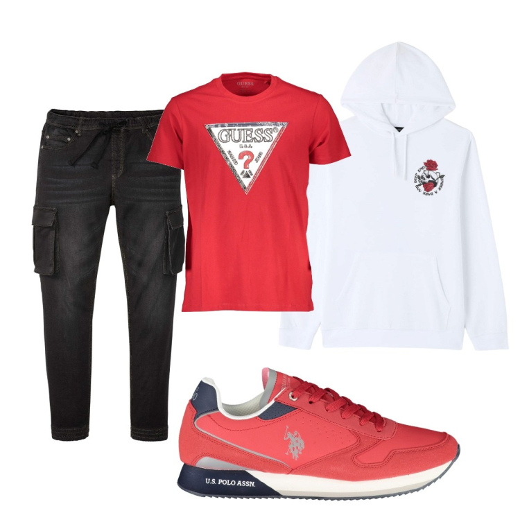 Outfit uomo - Total look #1836621. Stile Trendy per Tutti i giorni. Abbinamento con jeans slim fit, felpe con cappuccio, t-shirt, scarpe sportive.