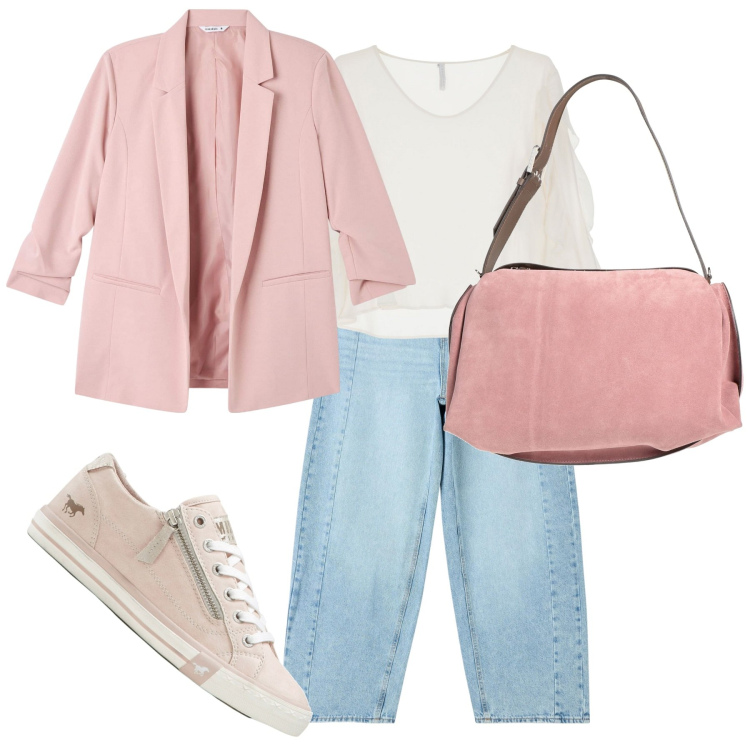 Outfit donna - Blazer di primavera. Stile Casual per Tutti i giorni. Abbinamento con sneakers, borse a mano, jeans, blazer, maglieria.
