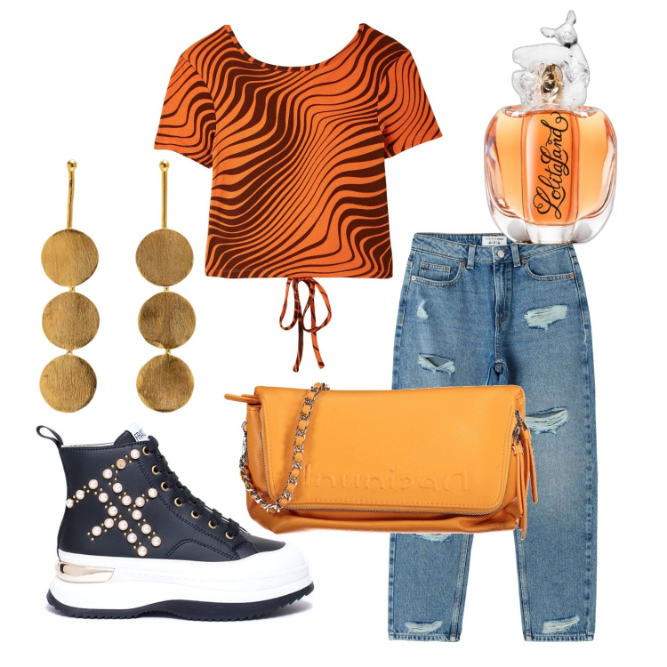 Outfit donna - Ghost outfitter - marzo. Stile Casual per Tutti i giorni. Abbinamento con profumi, jeans mom, t-shirt, sneakers, borse a mano, orecchini.