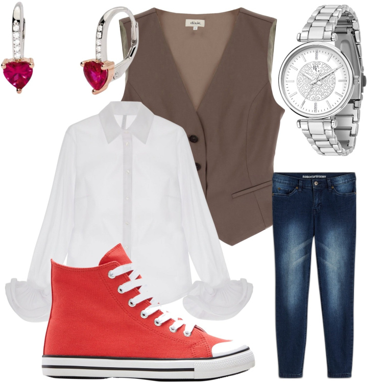 Outfit donna - Total look #1836649. Stile Casual per Tutti i giorni. Abbinamento con jeans skinny, sneakers alte, orologi, orecchini, camicie, gilet.