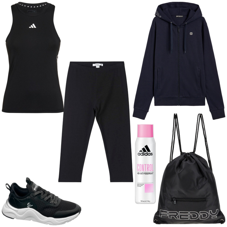 Outfit donna - Workout. Stile Basic per Tutti i giorni. Abbinamento con profumi, leggings, zaini, sneakers, felpe con cappuccio, canottiere.