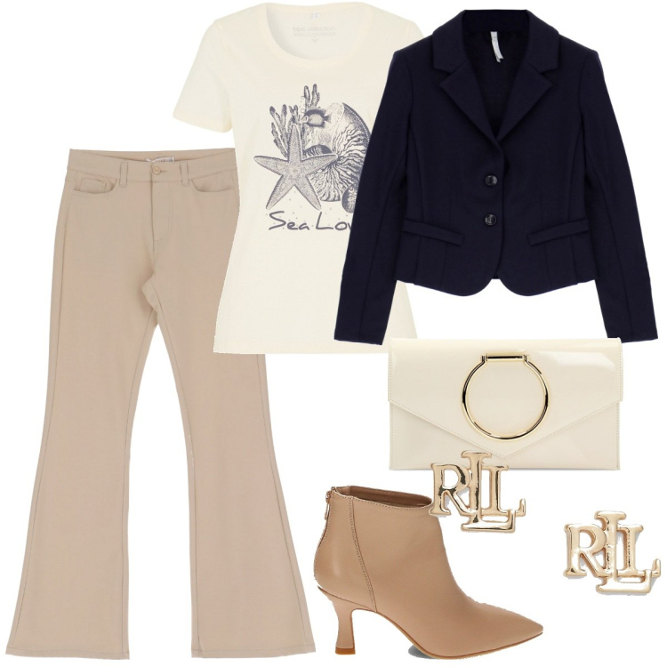 Outfit donna - Blu navy+beige. Stile Mannish per Ufficio. Abbinamento con t-shirt, pantaloni, cappotti, stivaletti, pochette, orecchini.
