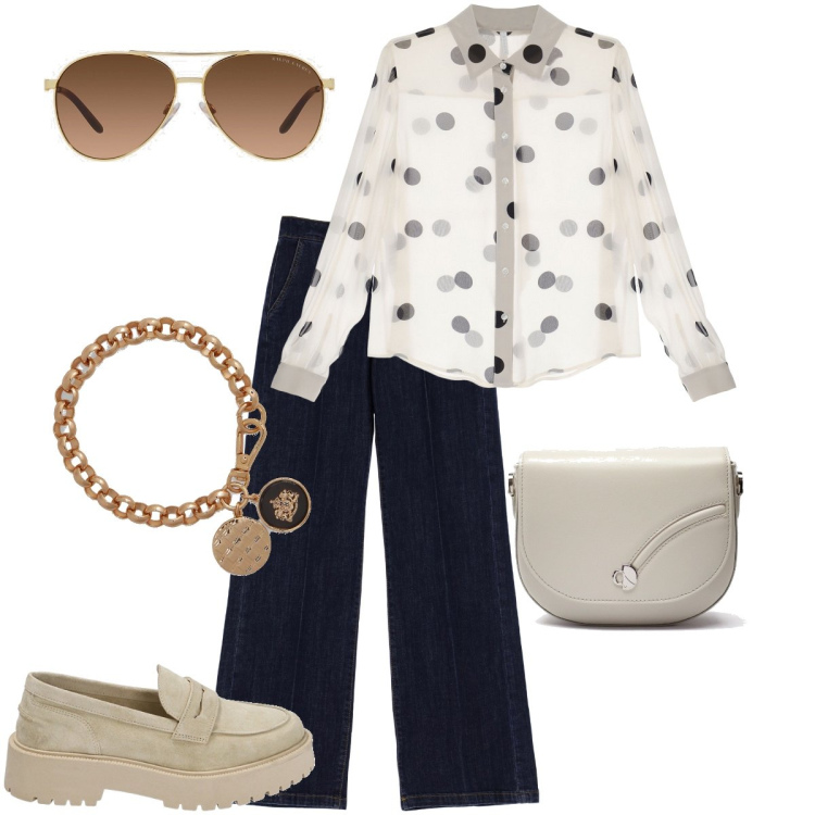 Outfit donna - I jeans blu notte. Stile Casual per Ufficio. Abbinamento con camicie, mocassini, jeans dritti, occhiali da sole, braccialetti con ciondoli, borse a tracolla.