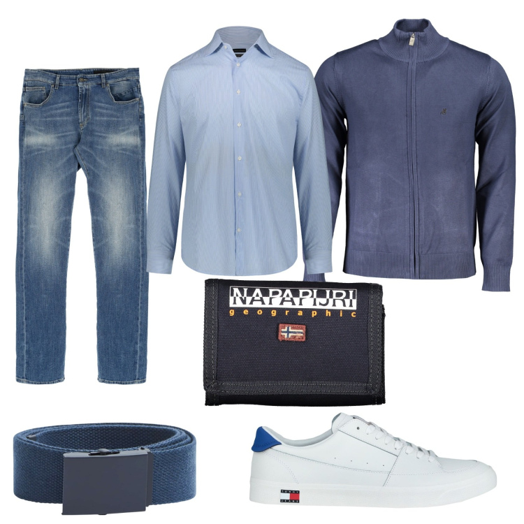Outfit uomo - Casual in camicia. Stile Casual per Tutti i giorni. Abbinamento con jeans dritti, camicie, sneakers, cinture, cardigans, portafogli.