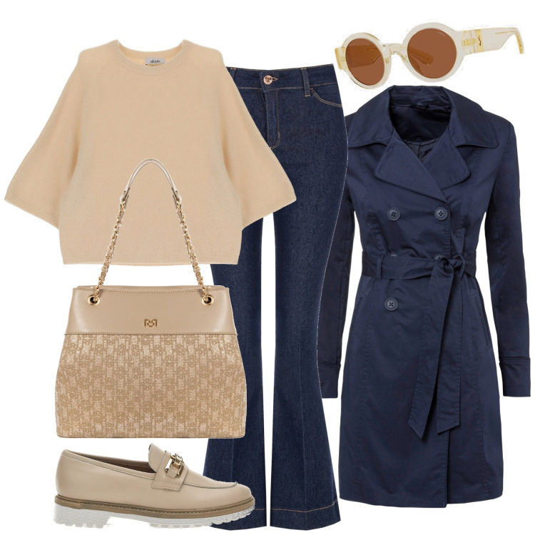 Outfit donna - Total look #1836677. Stile Casual chic per Tutti i giorni. Abbinamento con trench, jeans a zampa, borse a spalla, pullovers, occhiali da sole, mocassini.