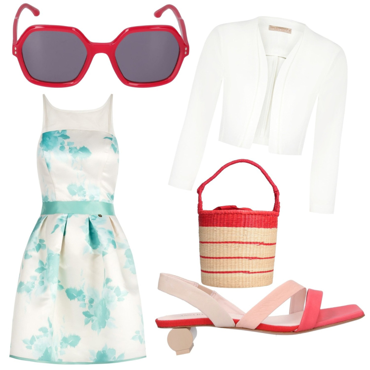 Outfit donna - Vacanze Romane. Stile Bon Ton per Tutti i giorni. Abbinamento con sandali in pelle, borse a secchiello, vestiti corti, blazer, occhiali da sole.