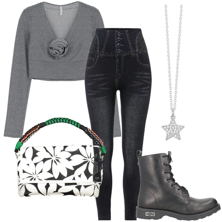 Outfit donna - Una grande rosa. Stile Casual chic per Tutti i giorni. Abbinamento con jeggings, stivaletti, collane, maglieria, borse a spalla.